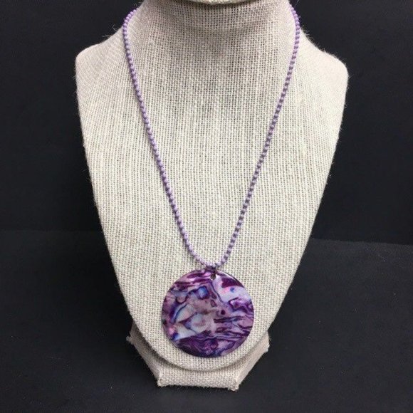 MOP Pendant Necklace Purple Blue Shell Ball Chain Mother Of Pearl Retro BoHo - Picture 1 of 5